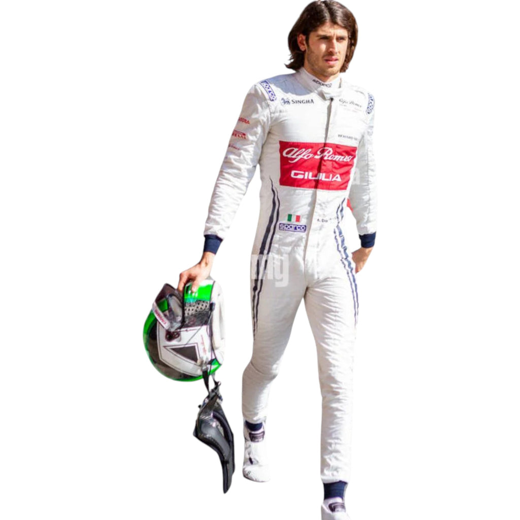 Antonio Giovinazzi 2019 Alfa Romeo F1 race suit in red white and black with sponsor logos