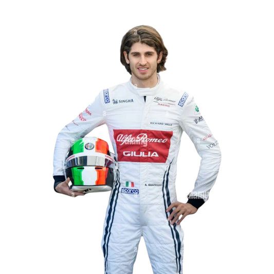 Antonio Giovinazzi 2019 Alfa Romeo F1 race suit replica featuring classic white and red design with team sponsor logos