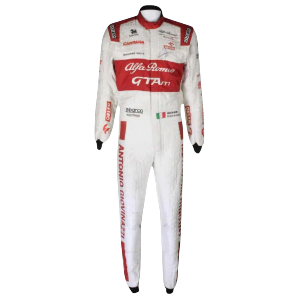 Antonio Giovinazzi 2020 Alfa Romeo F1 race suit in red white and black with sponsor logos