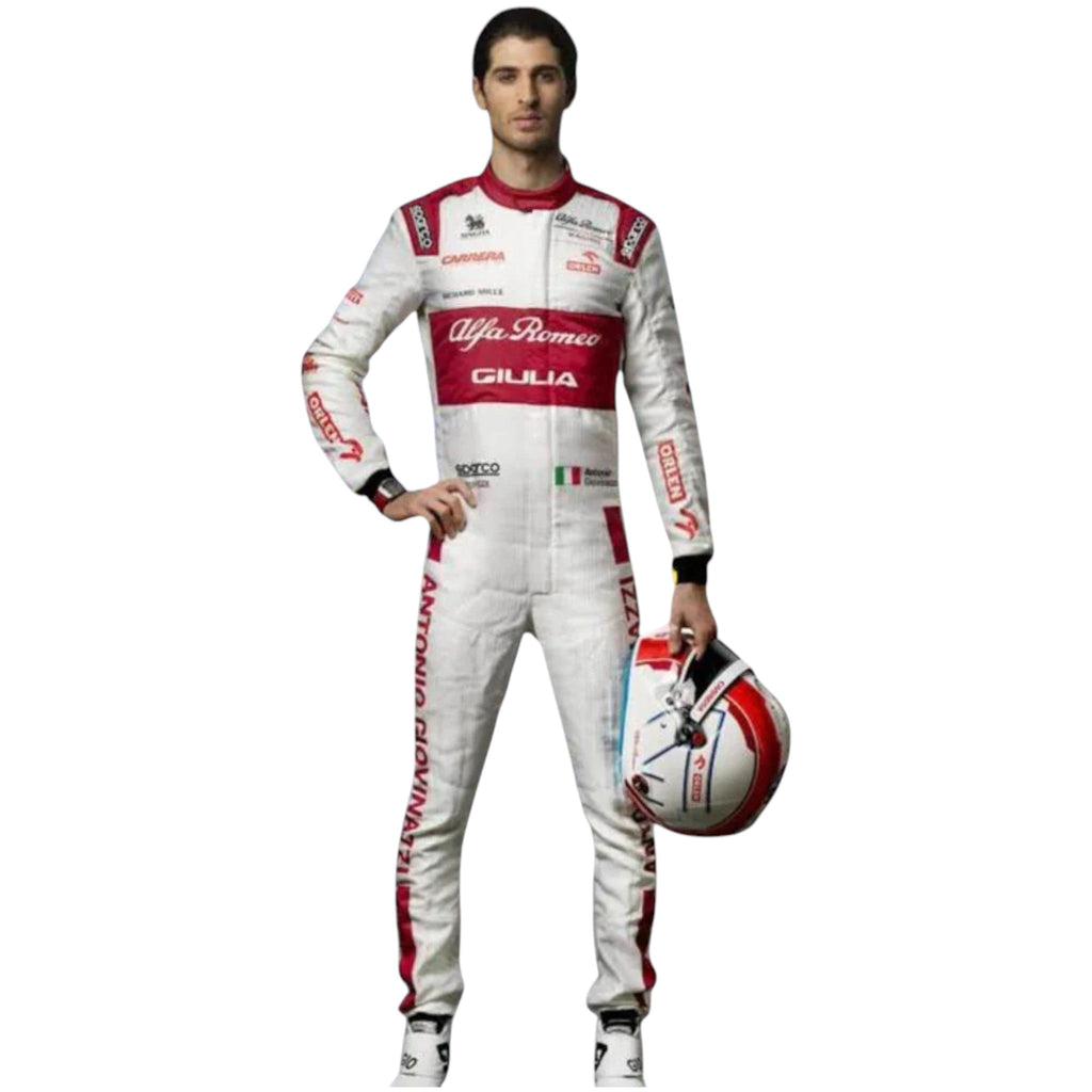 Antonio Giovinazzi 2020 Alfa Romeo F1 race suit in red white and black with sponsor logos