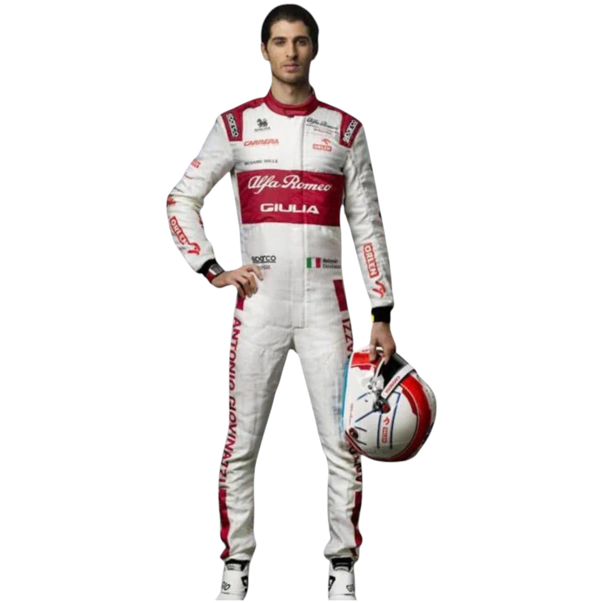 Antonio Giovinazzi 2020 Alfa Romeo F1 race suit in red white and black with sponsor logos