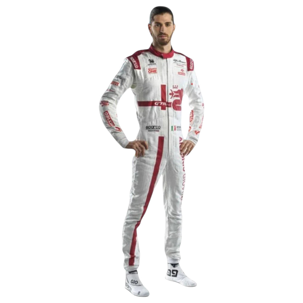 Antonio Giovinazzi 2021 Alfa Romeo F1 race suit in red white and black with sponsor logos