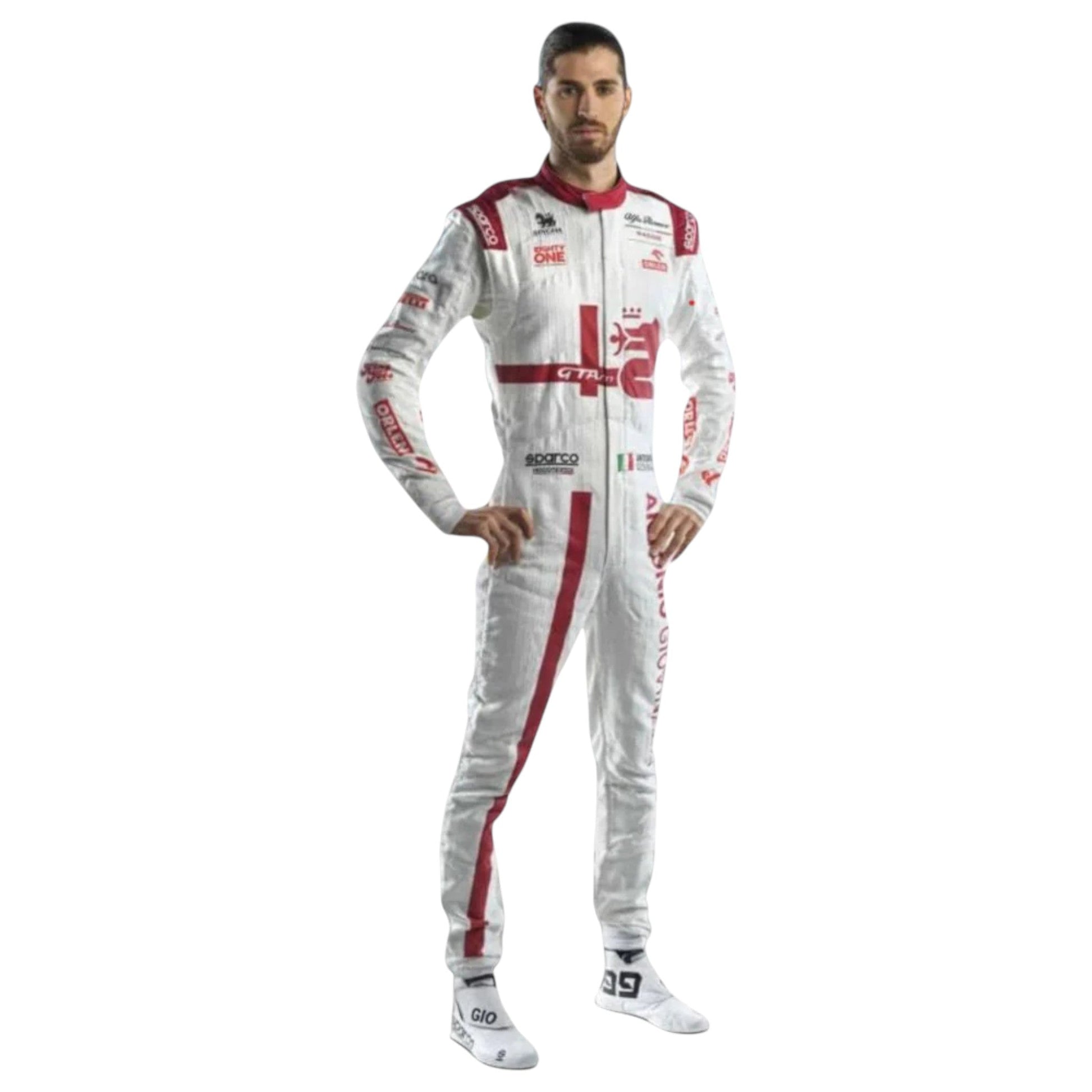 Antonio Giovinazzi 2021 Alfa Romeo F1 race suit in red white and black with sponsor logos