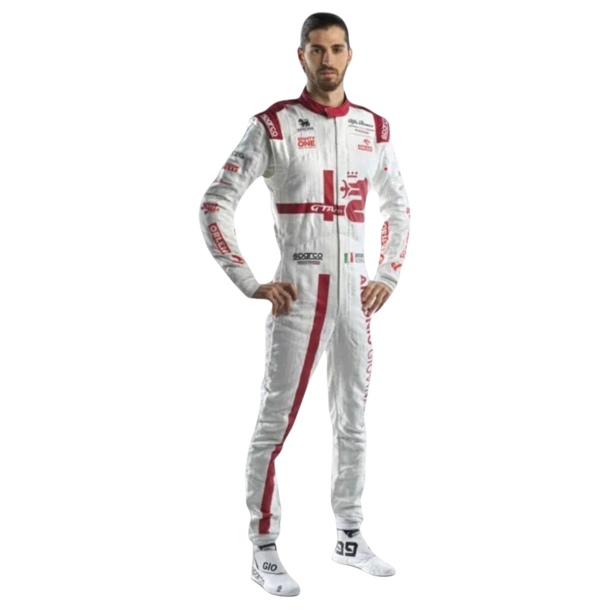 Antonio Giovinazzi 2021 Alfa Romeo F1 race suit in red white and black with sponsor logos