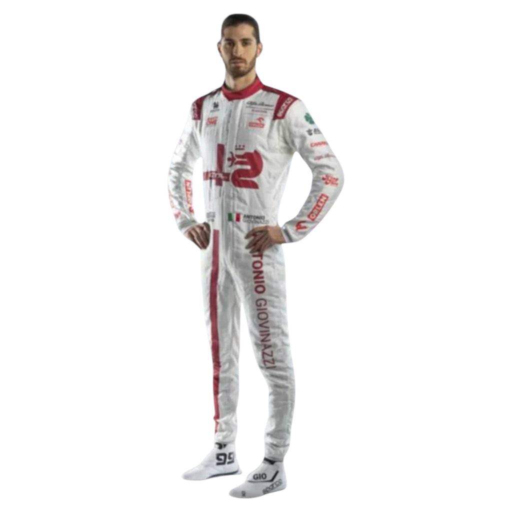 Antonio Giovinazzi 2021 Alfa Romeo F1 race suit in red white and black with sponsor logos