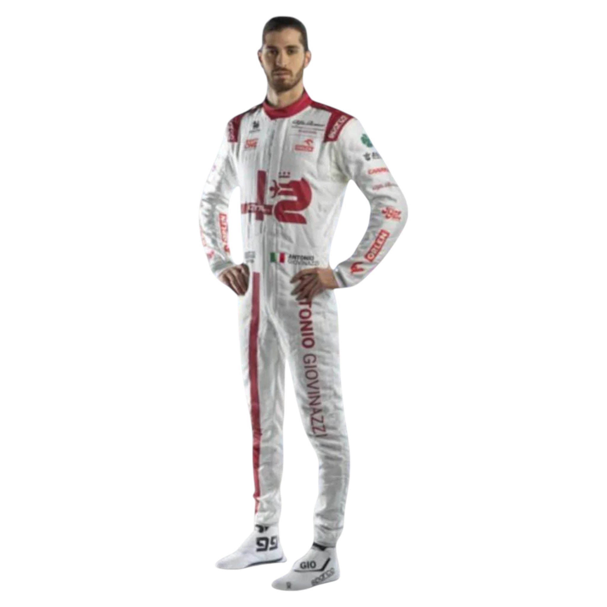 Antonio Giovinazzi 2021 Alfa Romeo F1 race suit in red white and black with sponsor logos