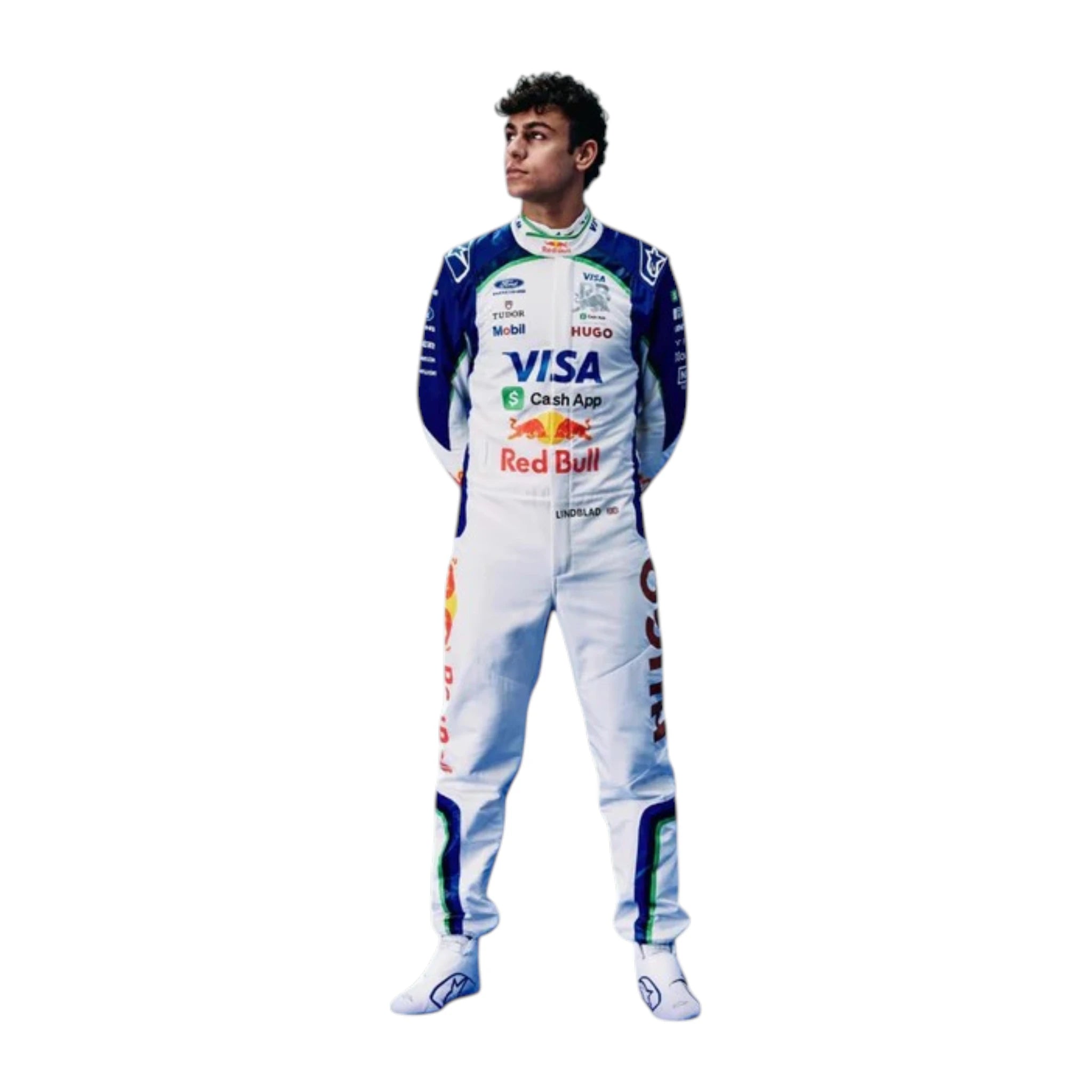 Arvid Lindblad 2026 Racing Bulls F1 race suit in white and navy blue with sponsor logos