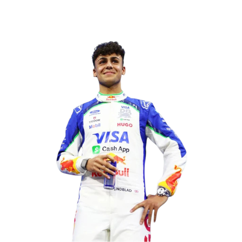 Arvid Lindblad 2026 Racing Bulls F1 race suit in white and navy blue with sponsor logos