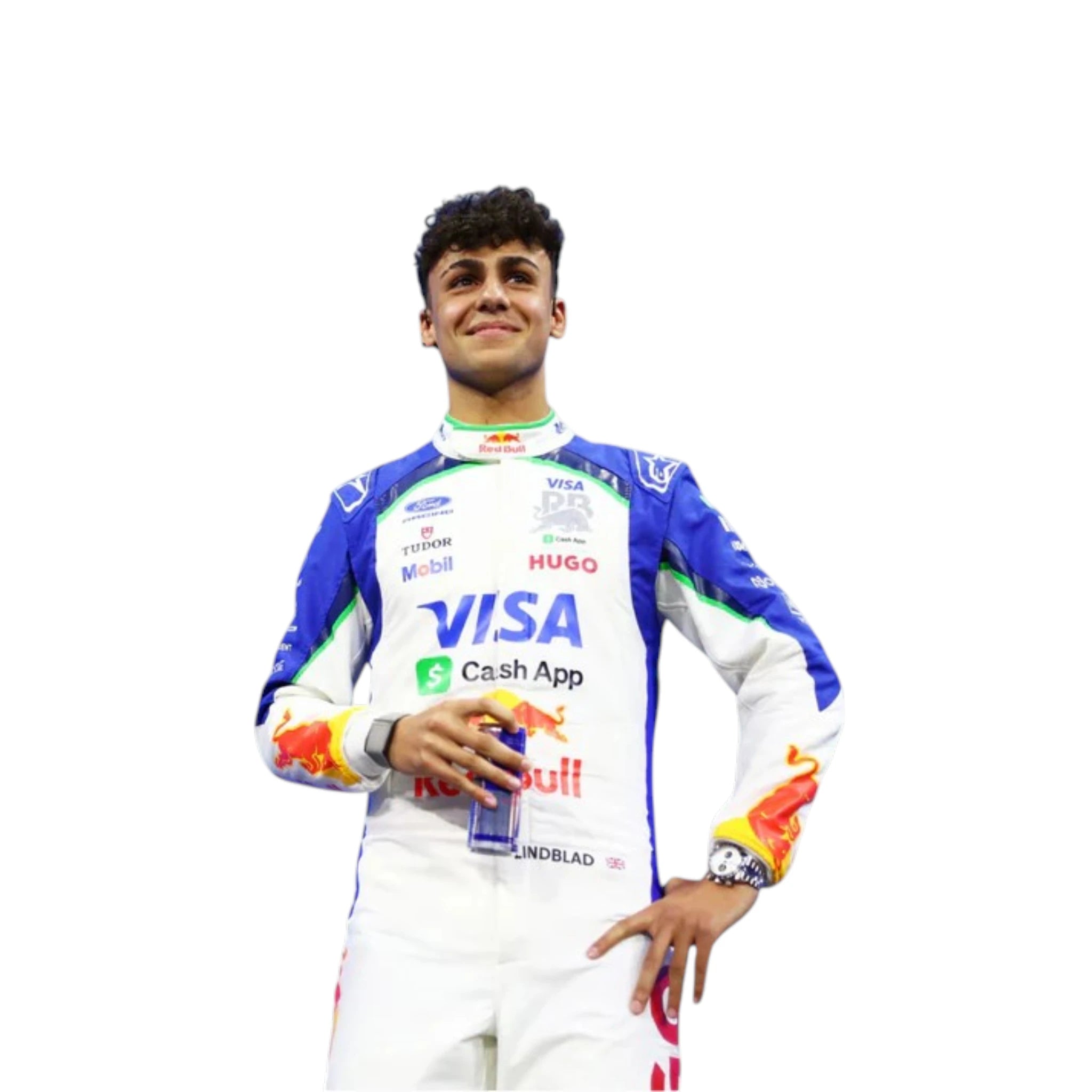 Arvid Lindblad 2026 Racing Bulls F1 race suit in white and navy blue with sponsor logos