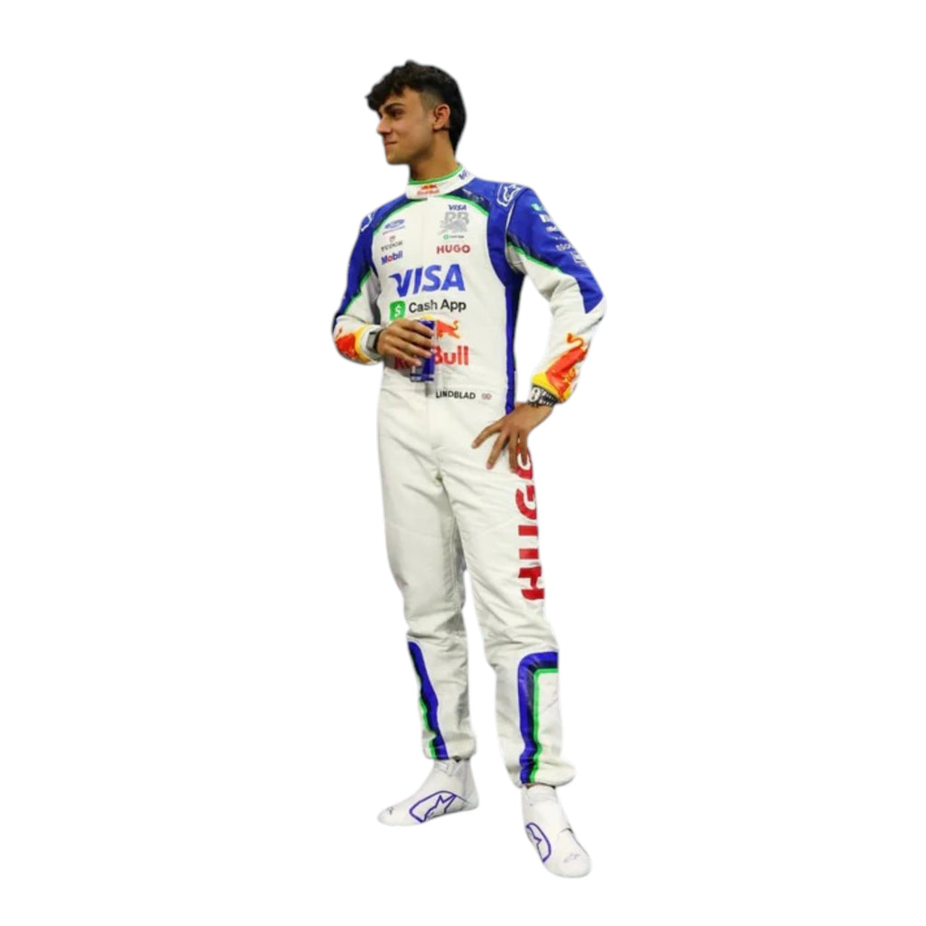 Arvid Lindblad 2026 Racing Bulls F1 race suit in white and navy blue with sponsor logos