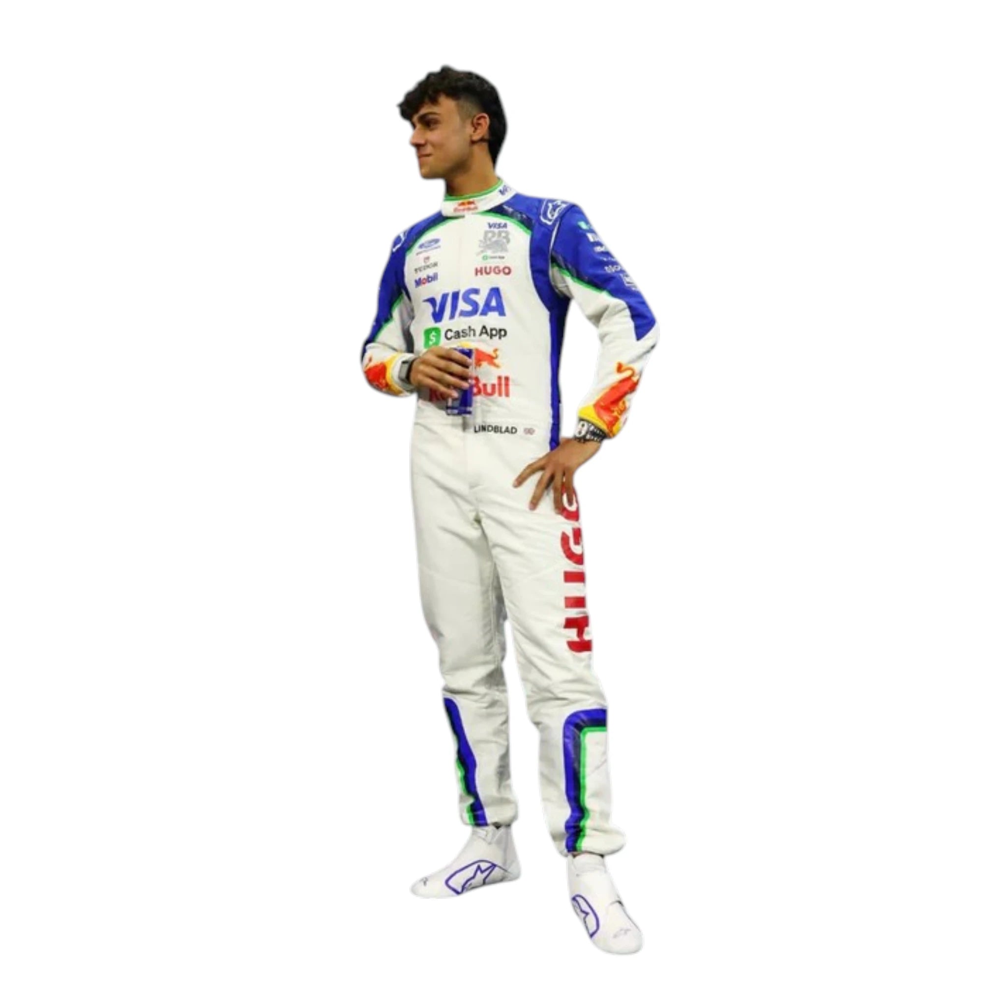 Arvid Lindblad 2026 Racing Bulls F1 race suit in white and navy blue with sponsor logos