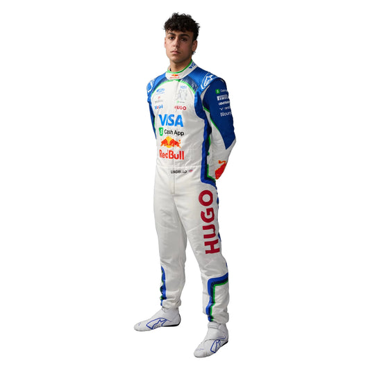 Arvid Lindblad 2026 Racing Bulls F1 race suit in white and navy blue with sponsor logos