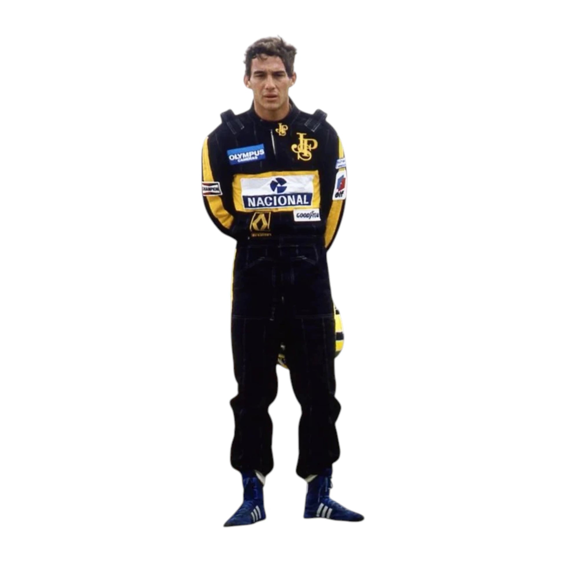 Ayrton Senna 1985 Lotus F1 Racing Suit featuring iconic black and gold Lotus racing graphics with authentic sponsor detailing