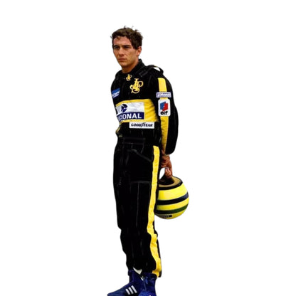 Ayrton Senna 1985 Lotus F1 Racing Suit featuring iconic black and gold Lotus racing graphics with authentic sponsor detailing
