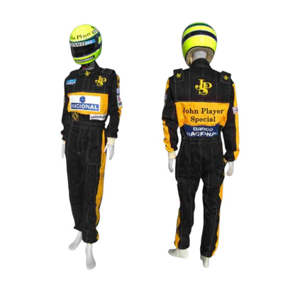 Ayrton Senna 1985 Lotus F1 Racing Suit featuring iconic black and gold Lotus racing graphics with authentic sponsor detailing