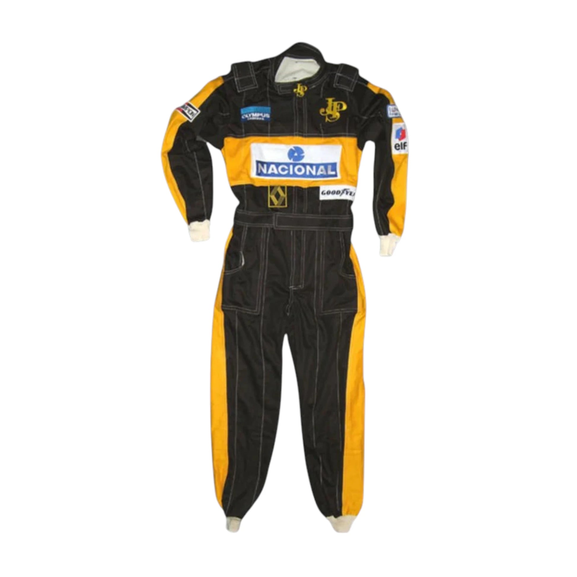 Ayrton Senna 1985 Lotus F1 Racing Suit featuring iconic black and gold Lotus racing graphics with authentic sponsor detailing