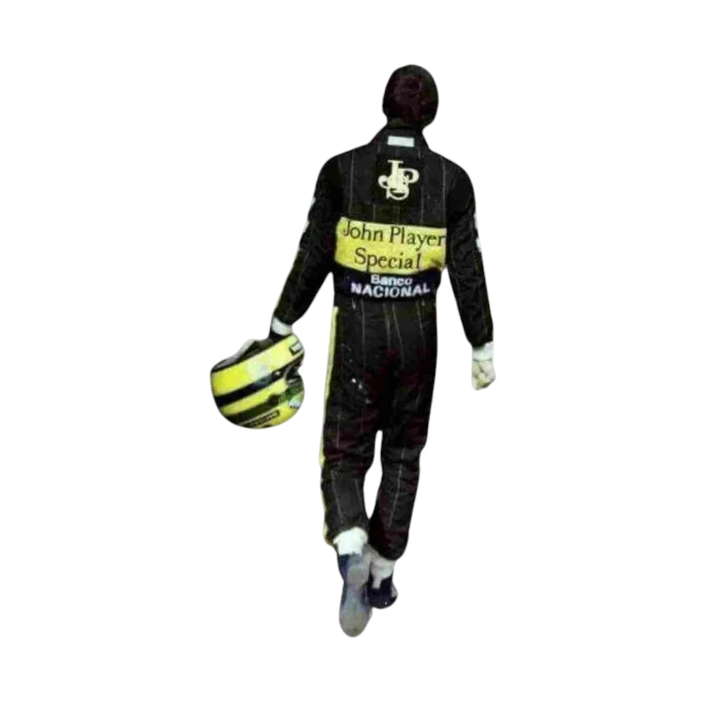 Ayrton Senna 1985 Lotus F1 Racing Suit featuring iconic black and gold Lotus racing graphics with authentic sponsor detailing