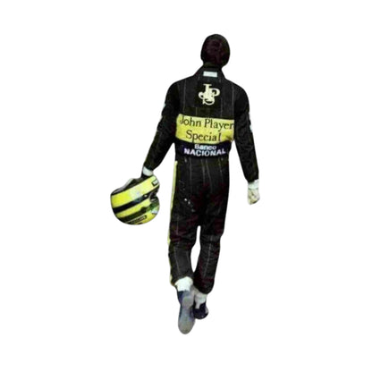 Ayrton Senna 1985 Lotus F1 Racing Suit featuring iconic black and gold Lotus racing graphics with authentic sponsor detailing