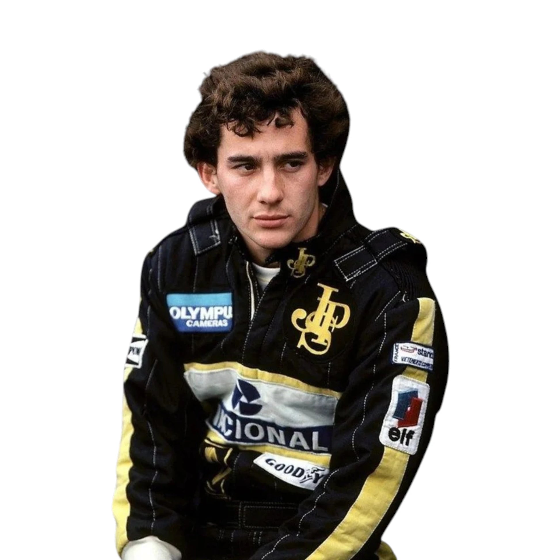 Ayrton Senna 1985 Lotus F1 Racing Suit featuring iconic black and gold Lotus racing graphics with authentic sponsor detailing