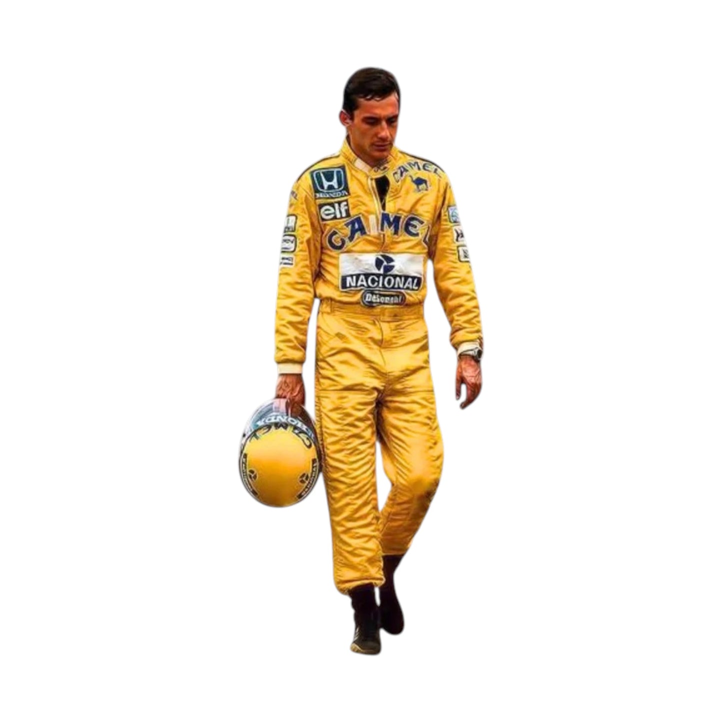 Ayrton Senna 1987 Lotus F1 Racing Suit featuring iconic yellow Camel Lotus racing graphics and authentic sponsor detailing