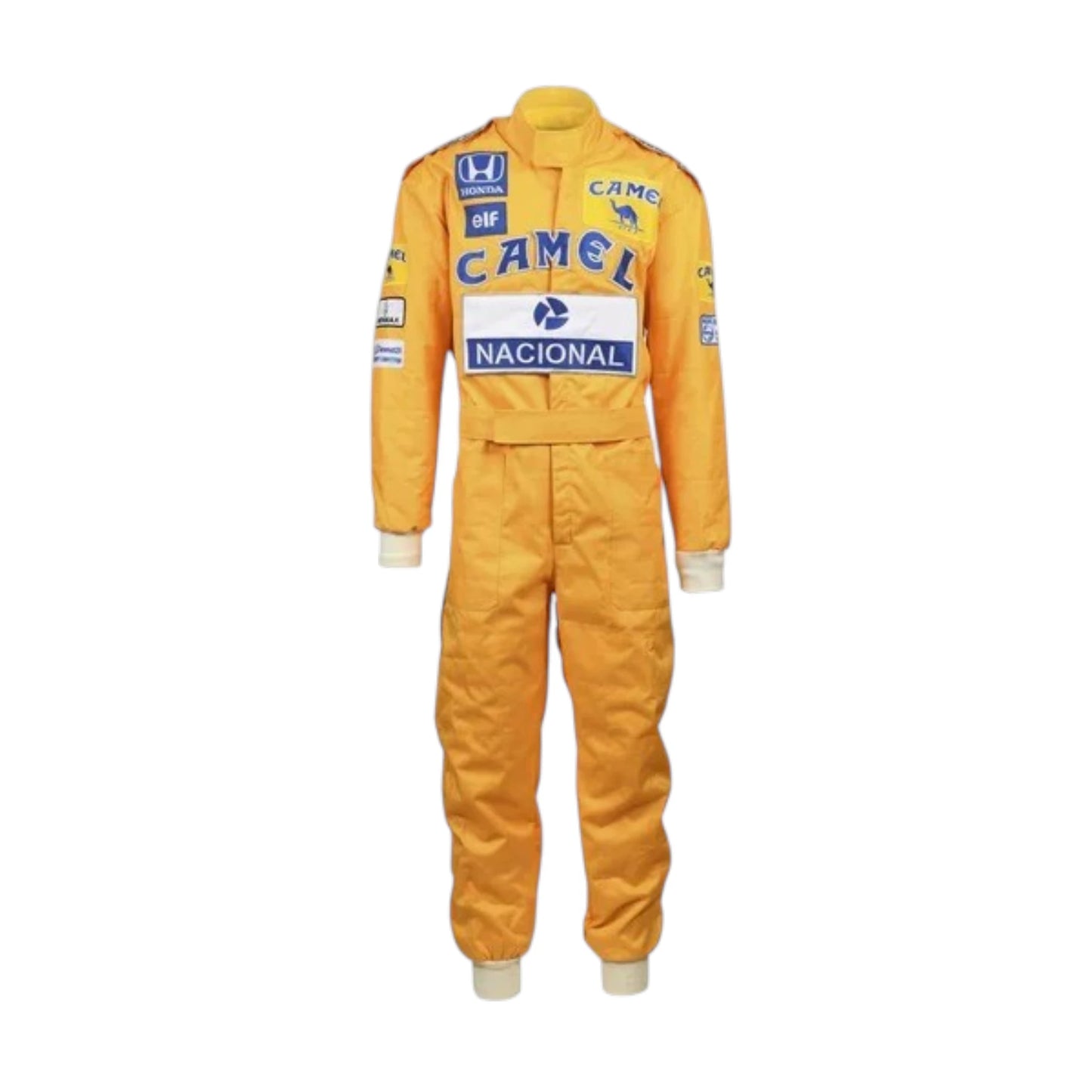 Ayrton Senna 1987 Lotus F1 Racing Suit featuring iconic yellow Camel Lotus racing graphics and authentic sponsor detailing