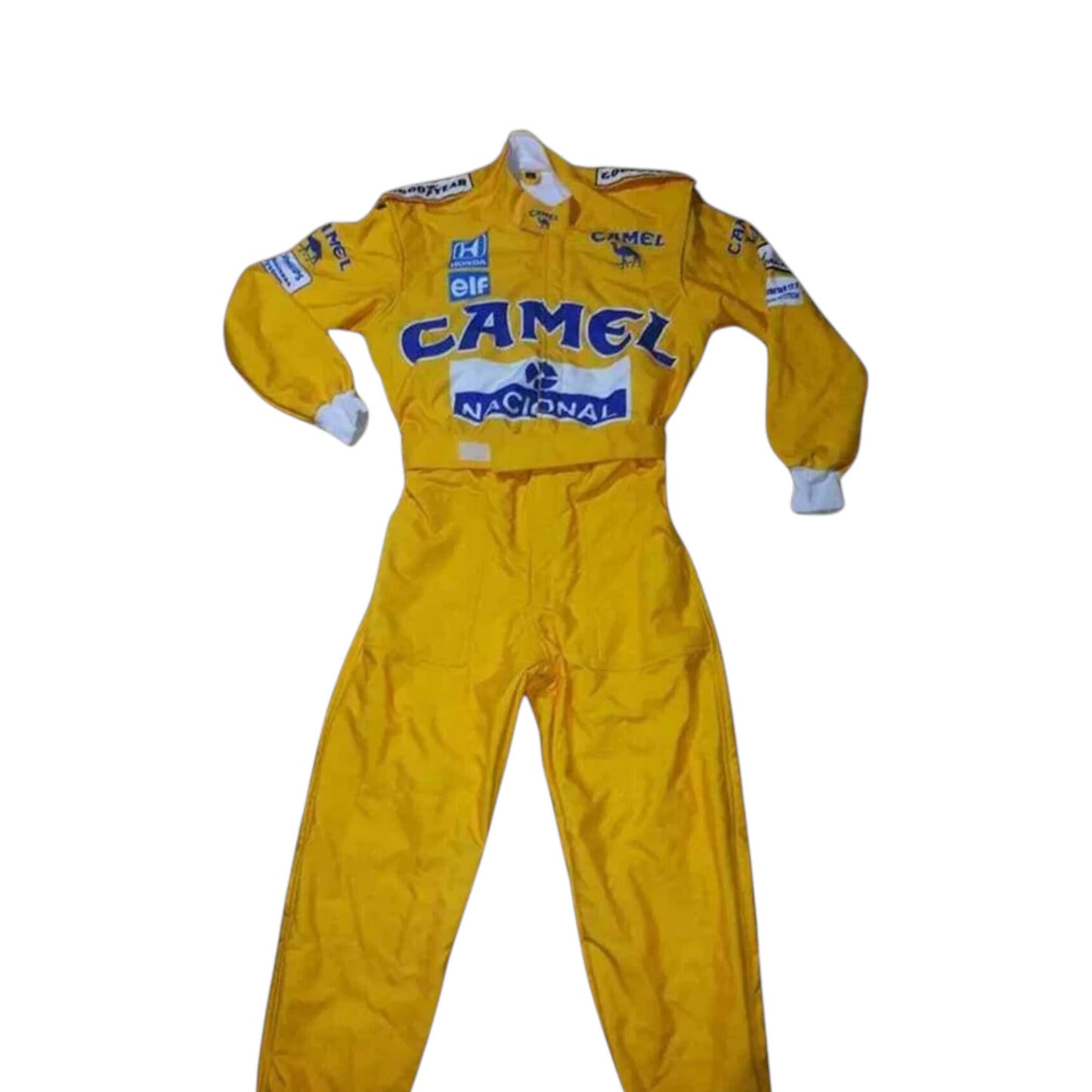 Ayrton Senna 1987 Lotus F1 Racing Suit featuring iconic yellow Camel Lotus racing graphics and authentic sponsor detailing