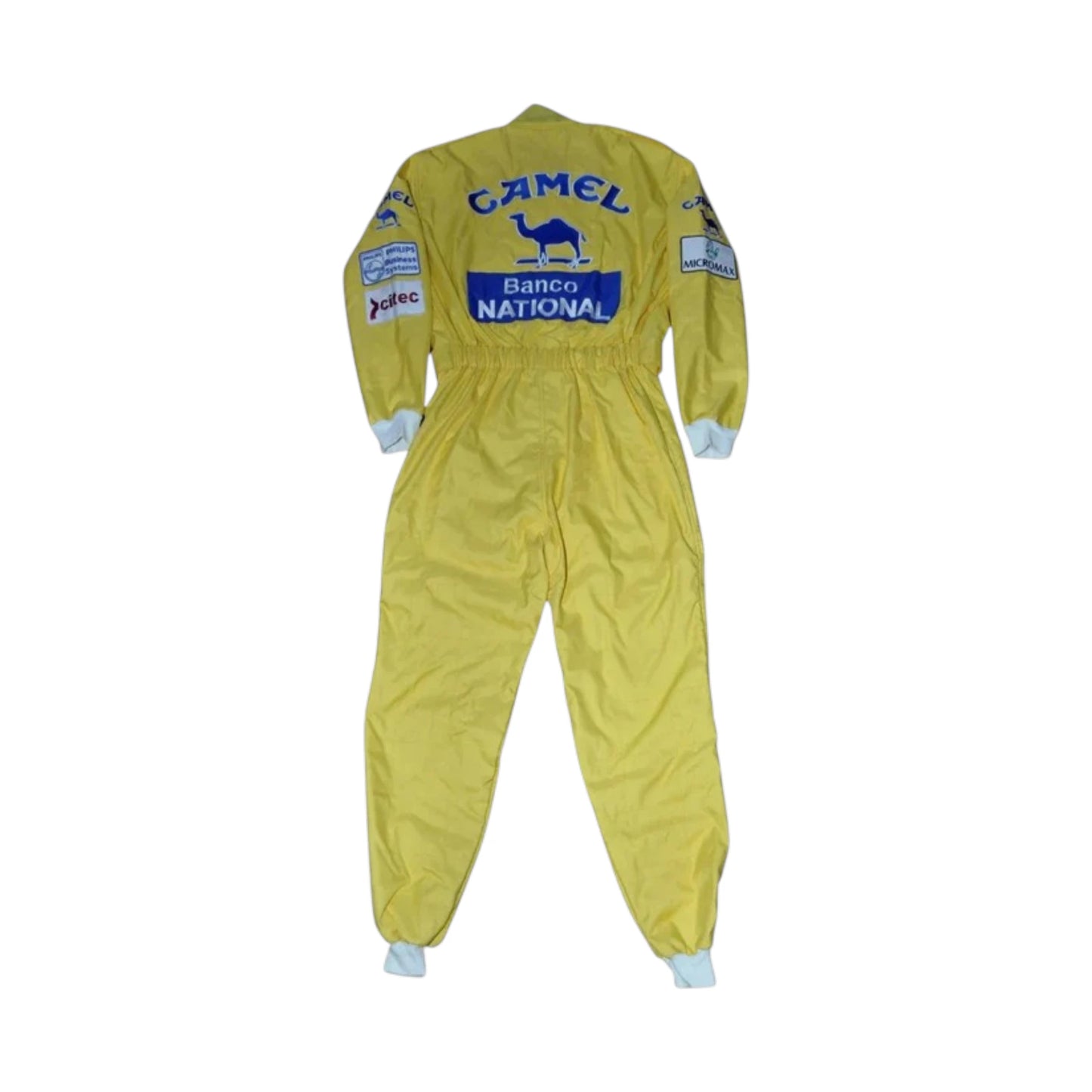 Ayrton Senna 1987 Lotus F1 Racing Suit featuring iconic yellow Camel Lotus racing graphics and authentic sponsor detailing