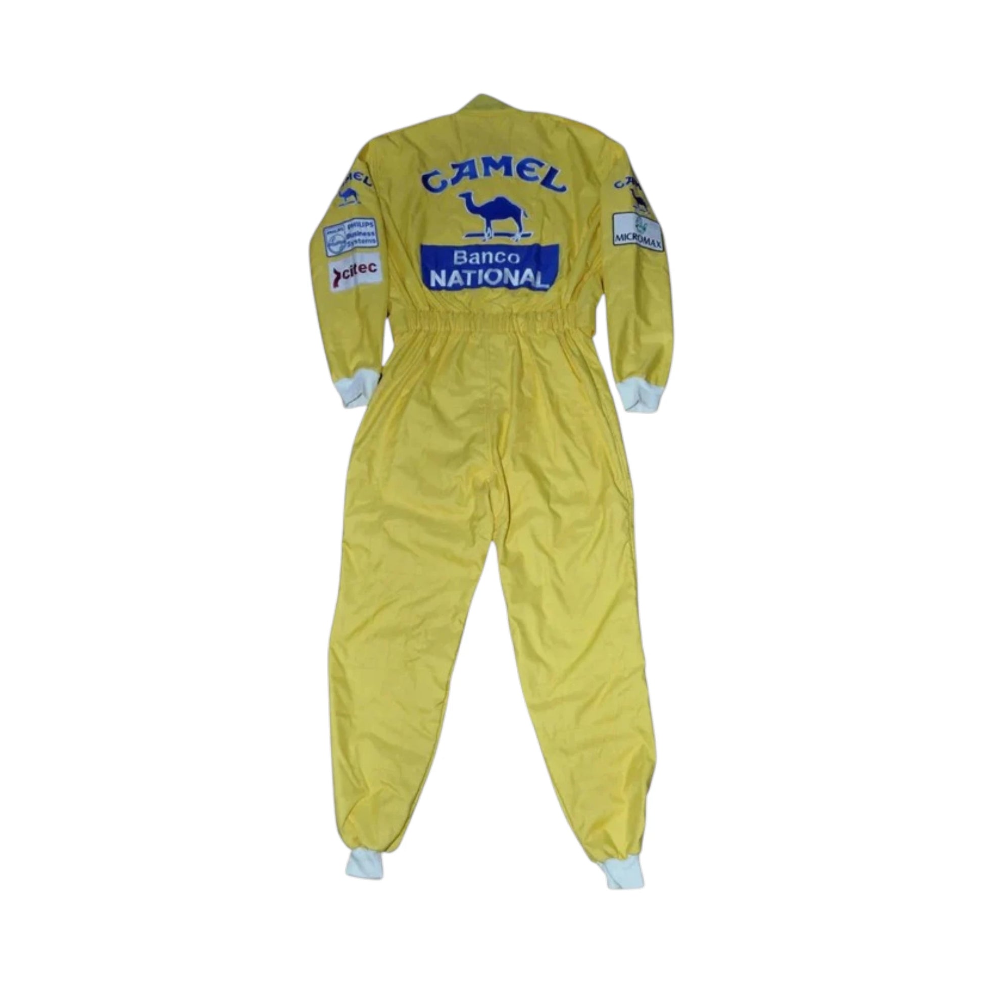 Ayrton Senna 1987 Lotus F1 Racing Suit featuring iconic yellow Camel Lotus racing graphics and authentic sponsor detailing