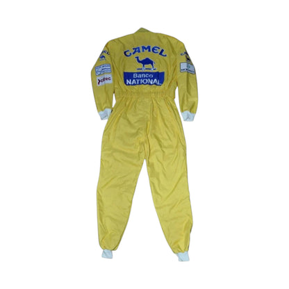 Ayrton Senna 1987 Lotus F1 Racing Suit featuring iconic yellow Camel Lotus racing graphics and authentic sponsor detailing