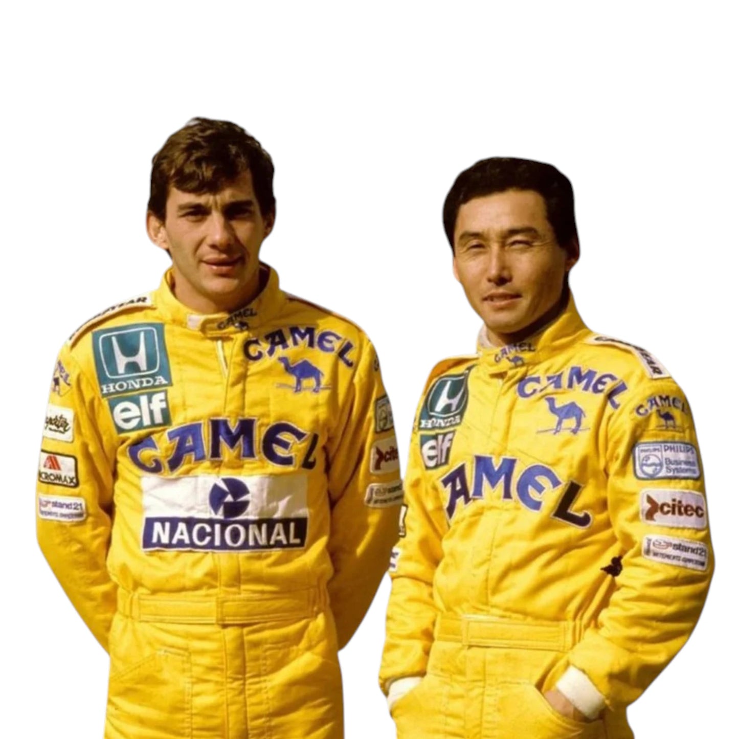Ayrton Senna 1987 Lotus F1 Racing Suit featuring iconic yellow Camel Lotus racing graphics and authentic sponsor detailing