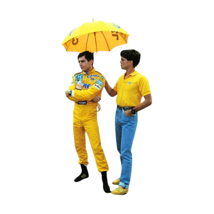 Ayrton Senna 1987 Lotus F1 Racing Suit featuring iconic yellow Camel Lotus racing graphics and authentic sponsor detailing