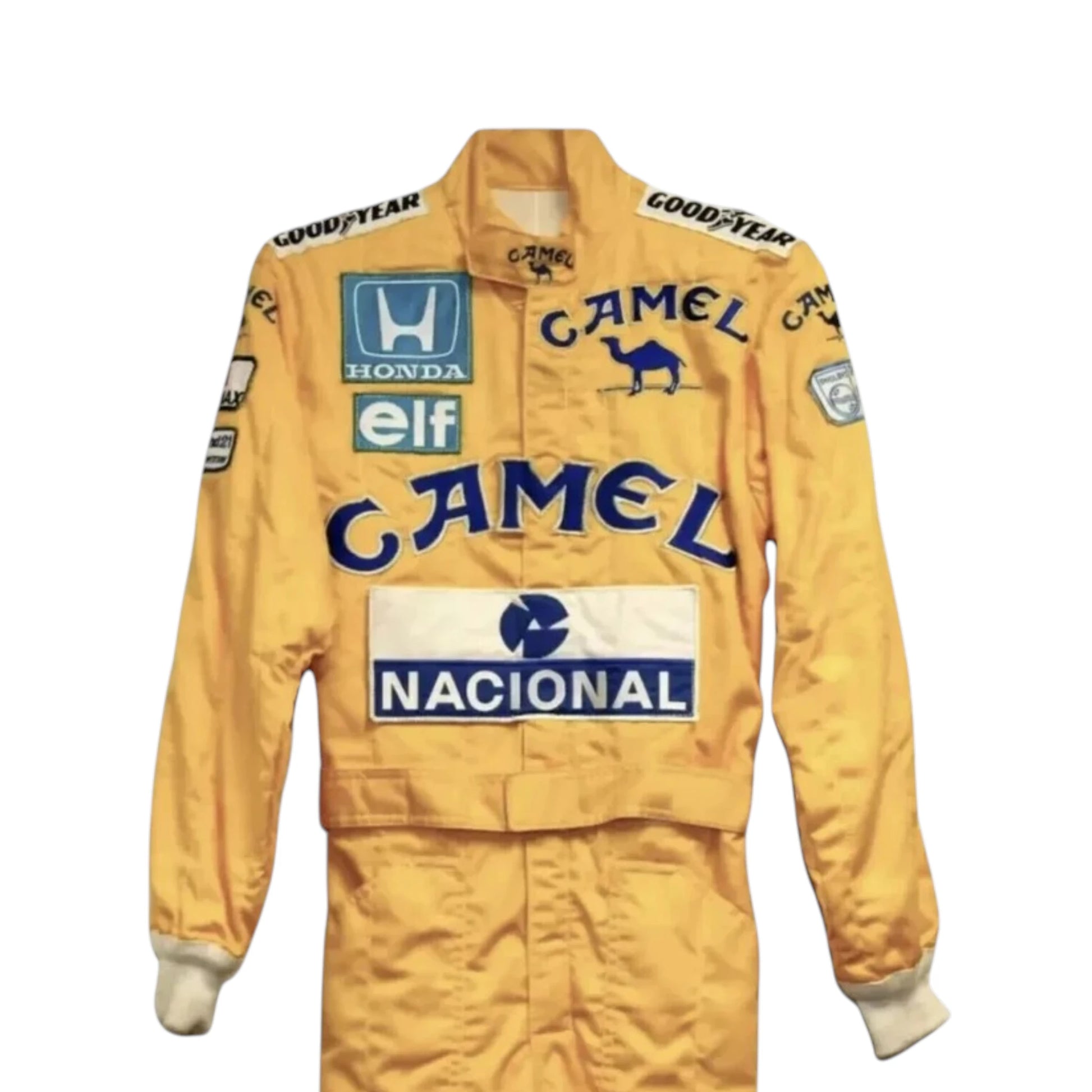 Ayrton Senna 1987 Lotus F1 Racing Suit featuring iconic yellow Camel Lotus racing graphics and authentic sponsor detailing