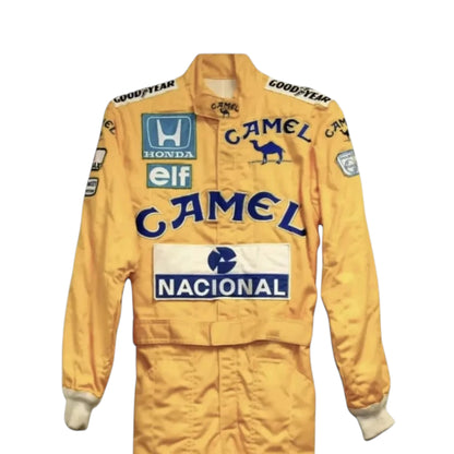 Ayrton Senna 1987 Lotus F1 Racing Suit featuring iconic yellow Camel Lotus racing graphics and authentic sponsor detailing