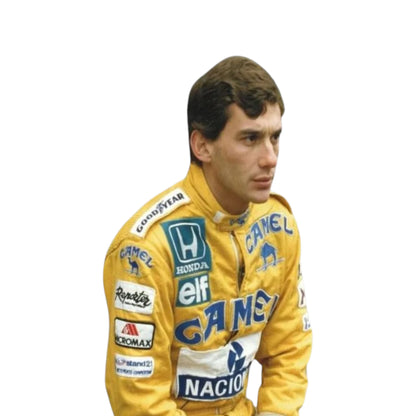 Ayrton Senna 1987 Lotus F1 Racing Suit featuring iconic yellow Camel Lotus racing graphics and authentic sponsor detailing