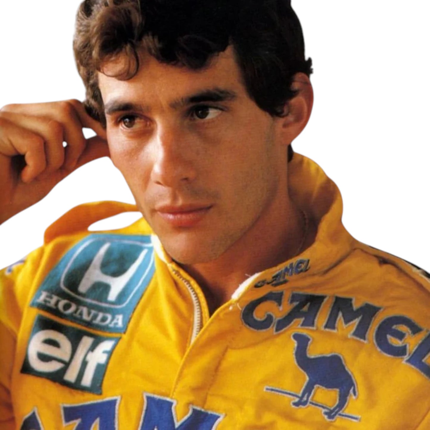 Ayrton Senna 1987 Lotus F1 Racing Suit featuring iconic yellow Camel Lotus racing graphics and authentic sponsor detailing