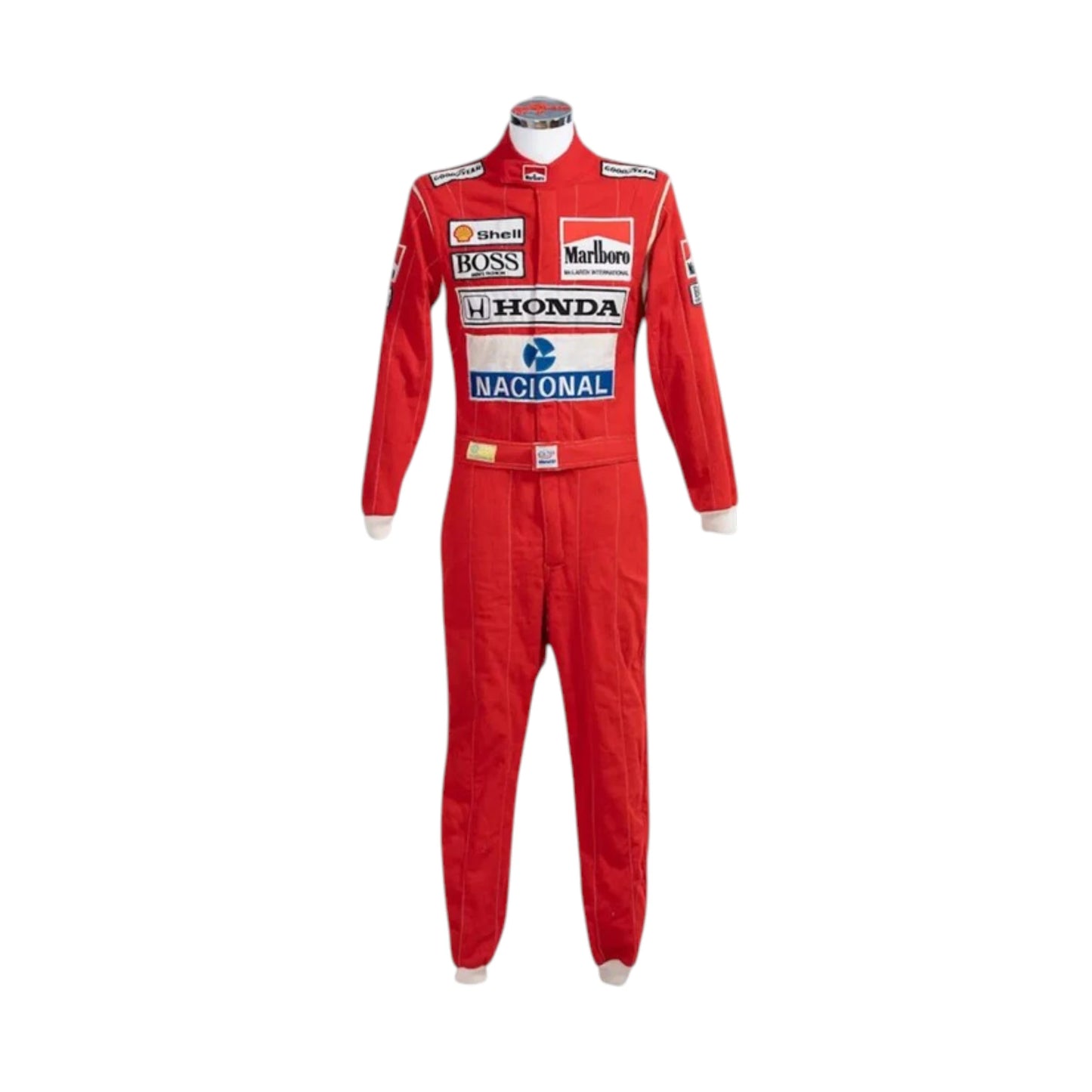 Ayrton Senna 1988 McLaren F1 Racing Suit featuring iconic red and white McLaren racing graphics with authentic sponsor detailing
