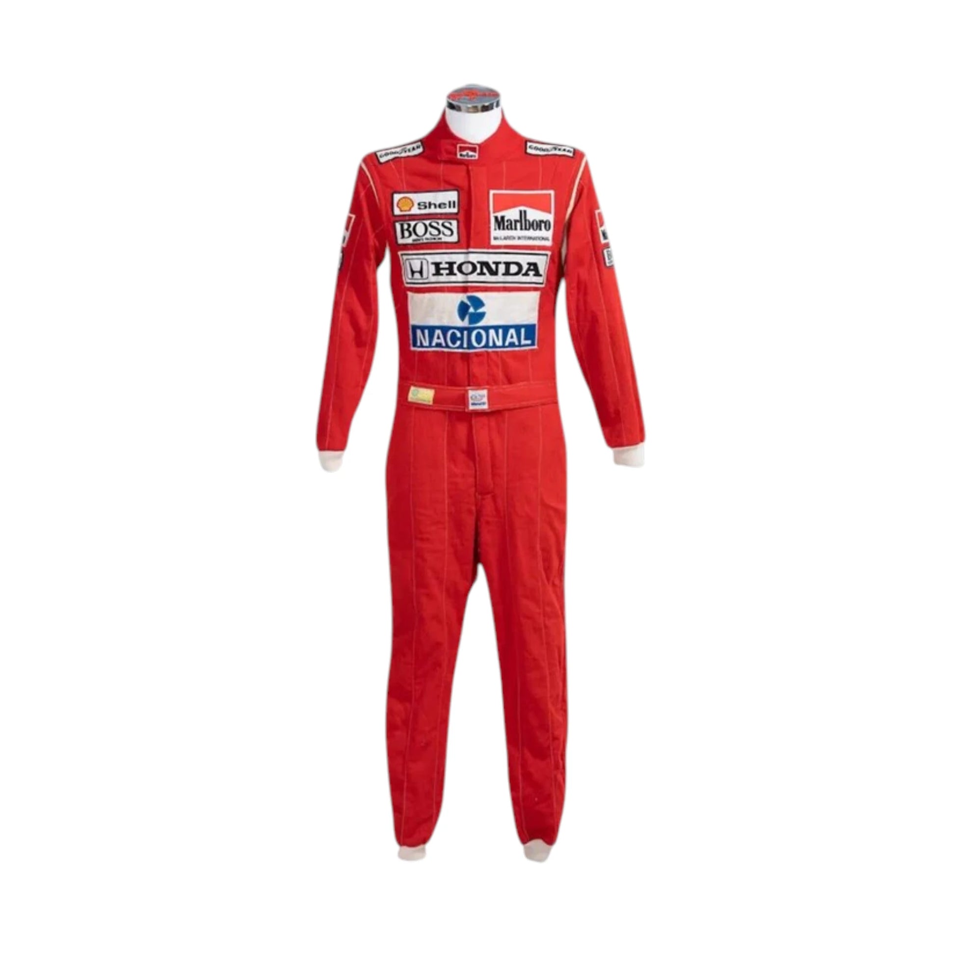 Ayrton Senna 1988 McLaren F1 Racing Suit featuring iconic red and white McLaren racing graphics with authentic sponsor detailing