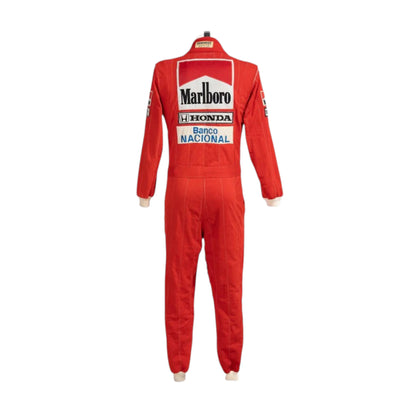 Ayrton Senna 1988 McLaren F1 Racing Suit featuring iconic red and white McLaren racing graphics with authentic sponsor detailing