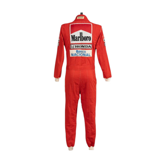 Ayrton Senna 1988 McLaren F1 Racing Suit featuring iconic red and white McLaren racing graphics with authentic sponsor detailing