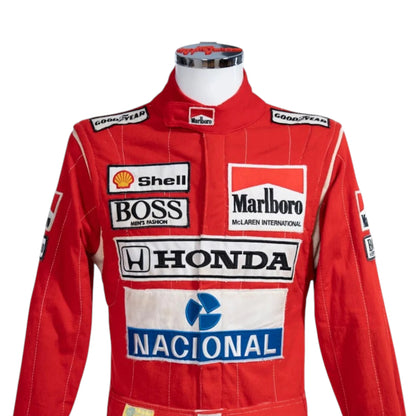 Ayrton Senna 1988 McLaren F1 Racing Suit featuring iconic red and white McLaren racing graphics with authentic sponsor detailing