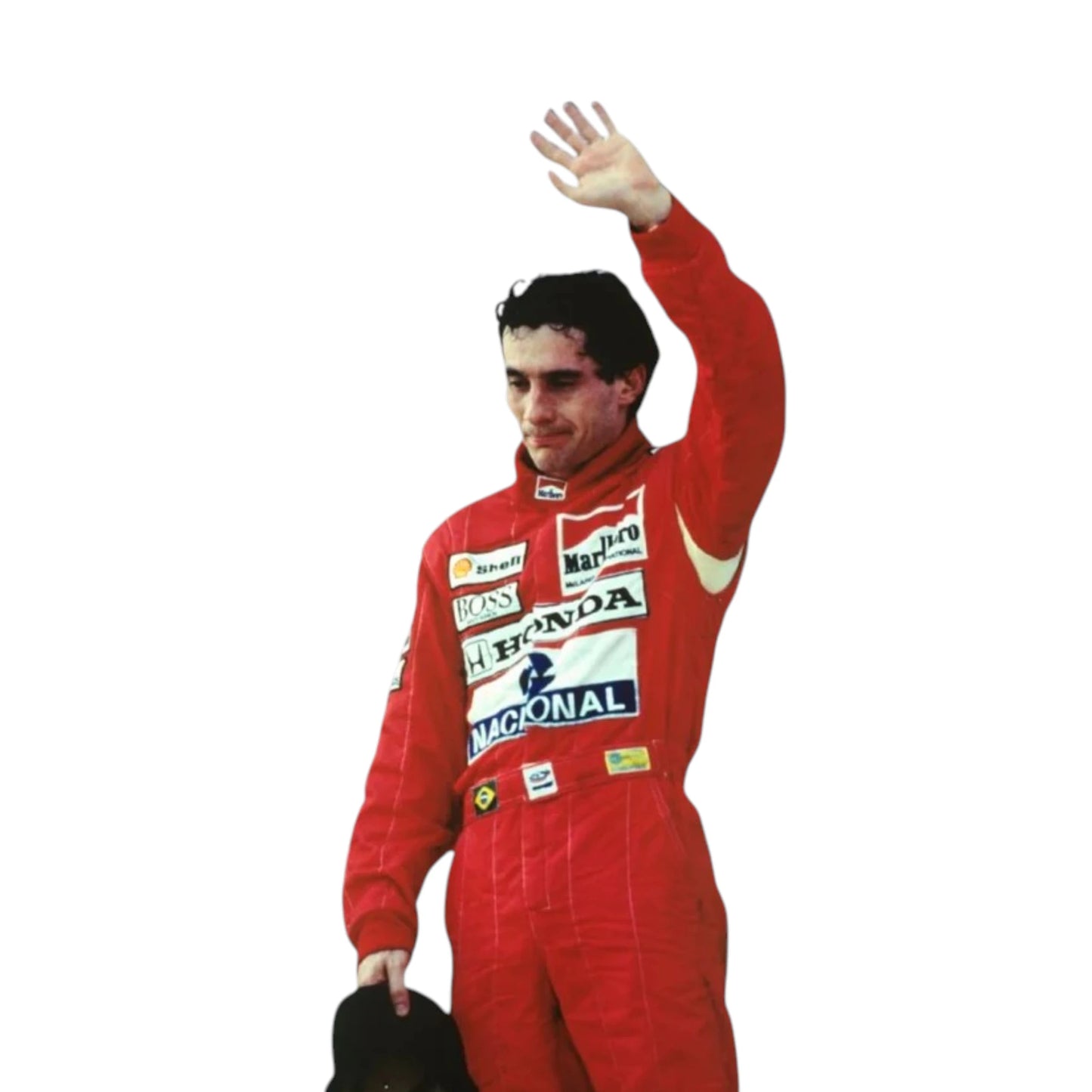 Ayrton Senna 1988 McLaren F1 Racing Suit featuring iconic red and white McLaren racing graphics with authentic sponsor detailing