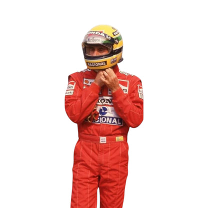Ayrton Senna 1988 McLaren F1 Racing Suit featuring iconic red and white McLaren racing graphics with authentic sponsor detailing