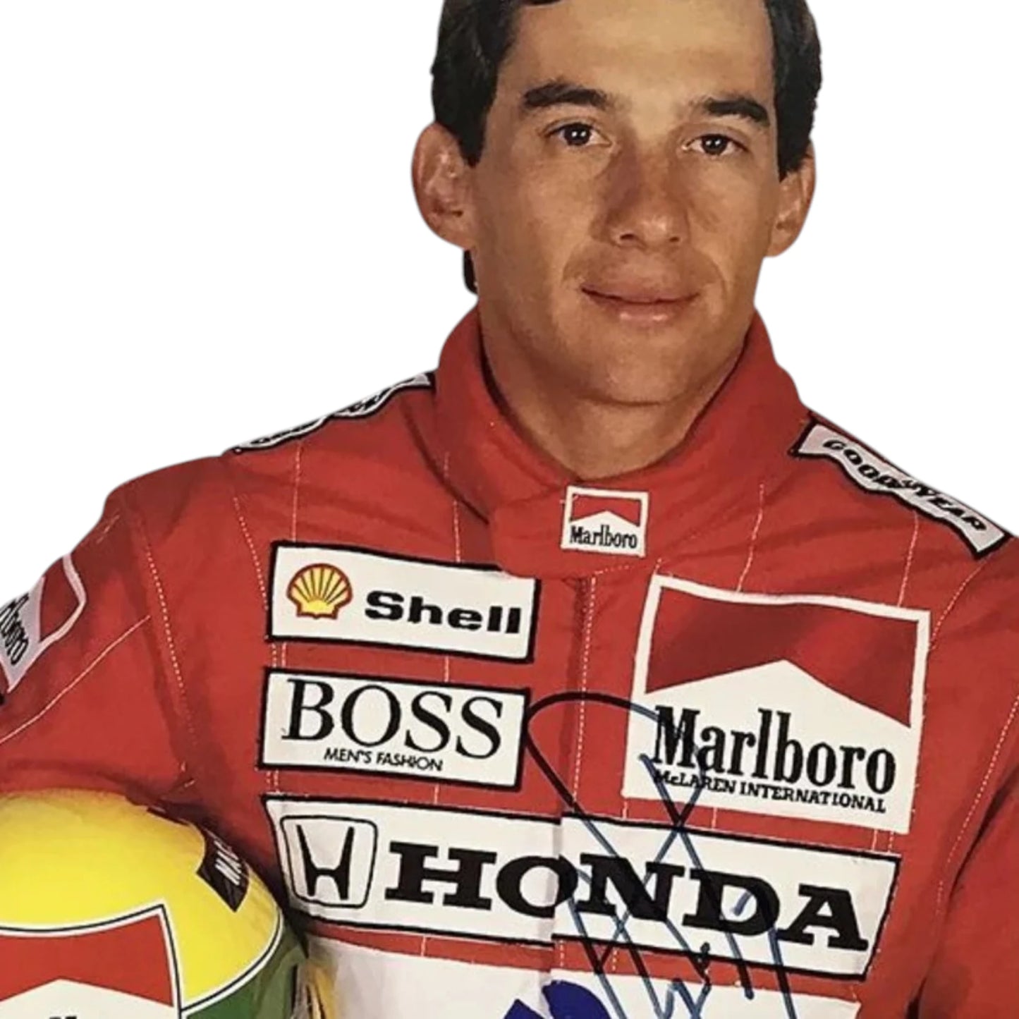 Ayrton Senna 1988 McLaren F1 Racing Suit featuring iconic red and white McLaren racing graphics with authentic sponsor detailing