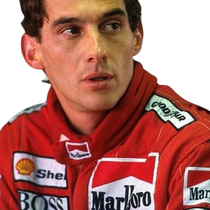 Ayrton Senna 1988 McLaren F1 Racing Suit featuring iconic red and white McLaren racing graphics with authentic sponsor detailing