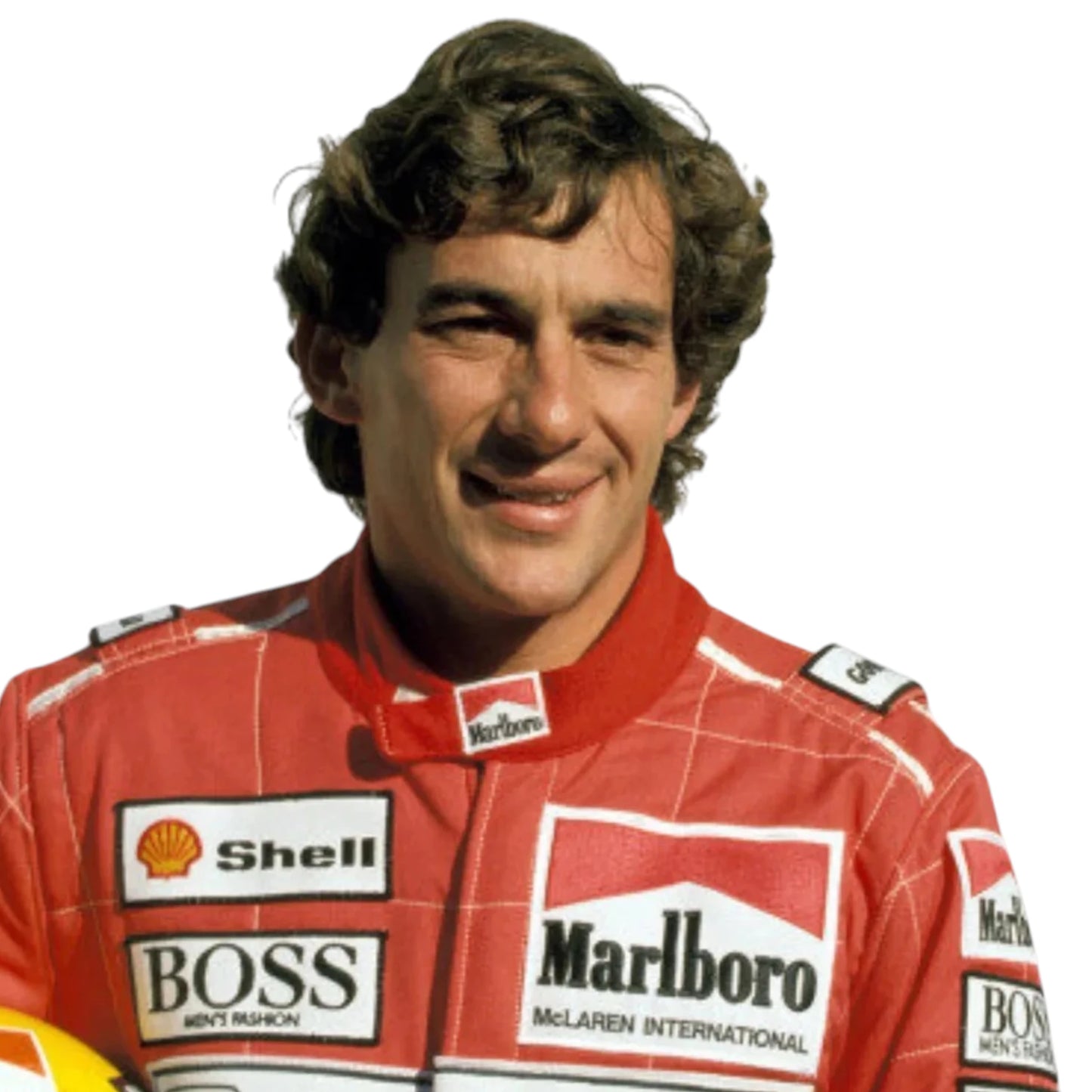 Ayrton Senna 1991 McLaren F1 Racing Suit featuring iconic red Marlboro McLaren racing graphics and authentic sponsor detailing