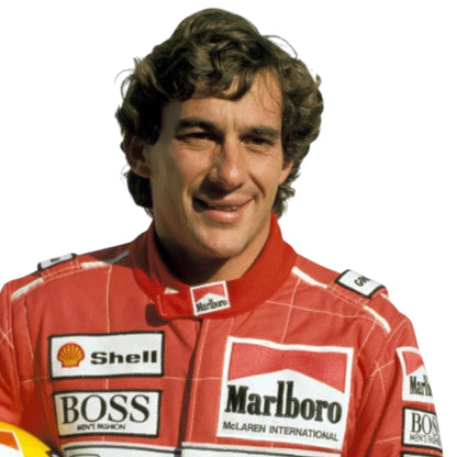 Ayrton Senna 1991 McLaren F1 Racing Suit featuring iconic red Marlboro McLaren racing graphics and authentic sponsor detailing