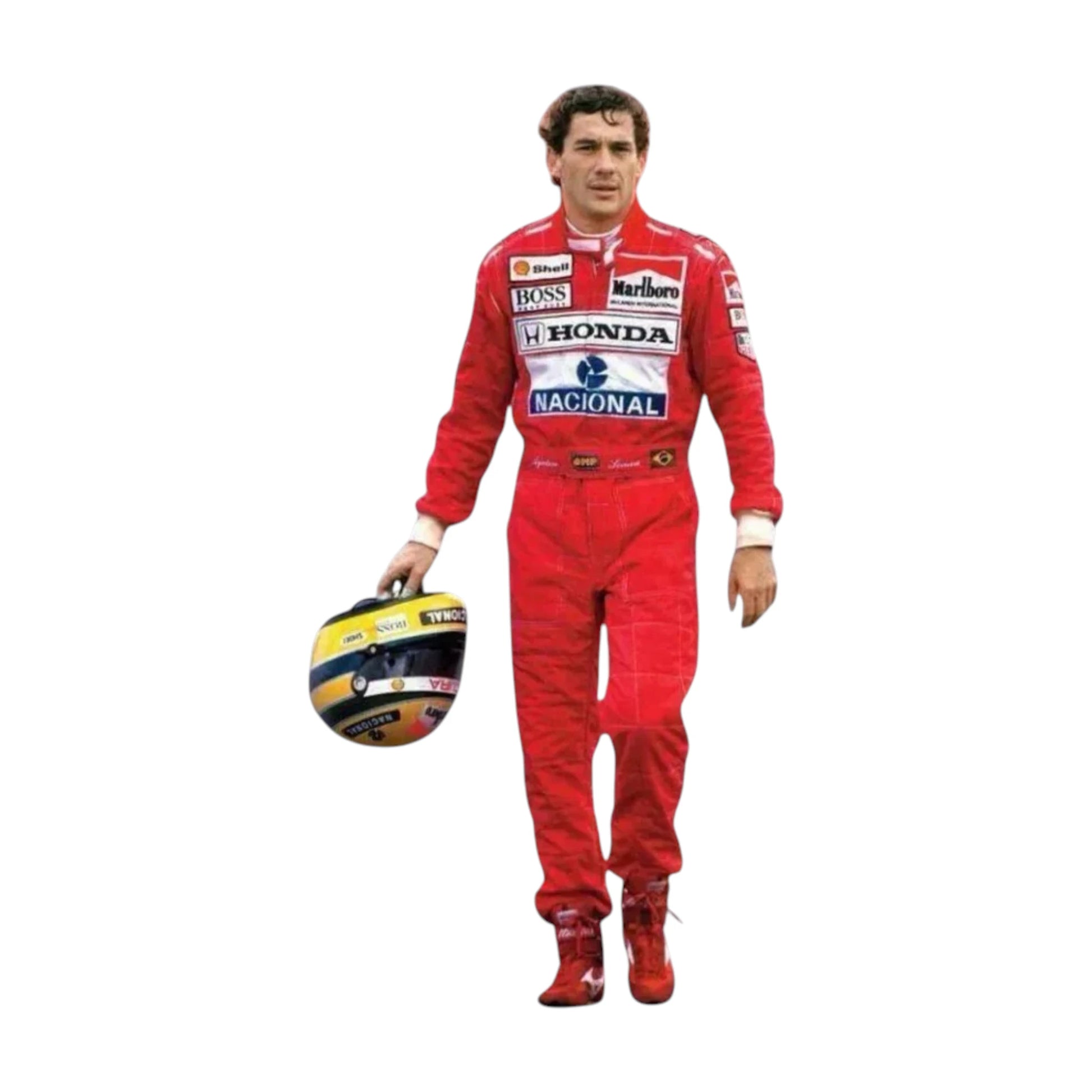 Ayrton Senna 1991 McLaren F1 Racing Suit featuring iconic red Marlboro McLaren racing graphics and authentic sponsor detailing