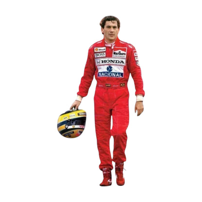 Ayrton Senna 1991 McLaren F1 Racing Suit featuring iconic red Marlboro McLaren racing graphics and authentic sponsor detailing