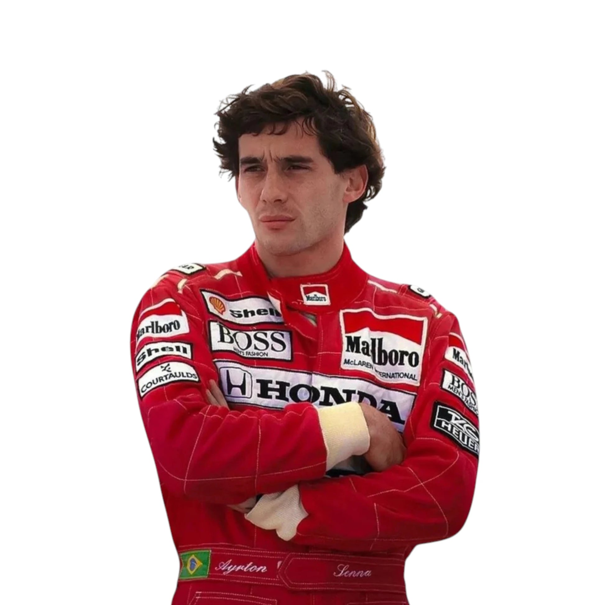 Ayrton Senna 1991 McLaren F1 Racing Suit featuring iconic red Marlboro McLaren racing graphics and authentic sponsor detailing