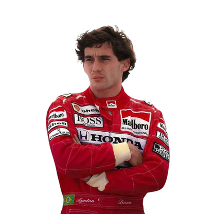 Ayrton Senna 1991 McLaren F1 Racing Suit featuring iconic red Marlboro McLaren racing graphics and authentic sponsor detailing